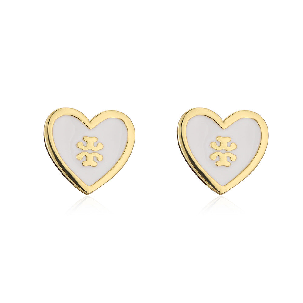 Vintage Ins Style 18K Gold Plated Enamel Heart Geometric Copper Stud Earrings for Women