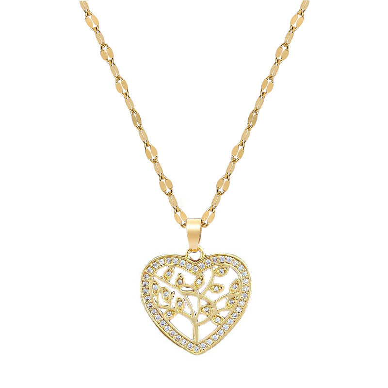Luxury Titanium Steel Heart-Shaped Leaf Pendant Necklace for Women, Delicate Clavicle Chain with Plated Finish, Natural Theme Wedding and Party Jewelry
