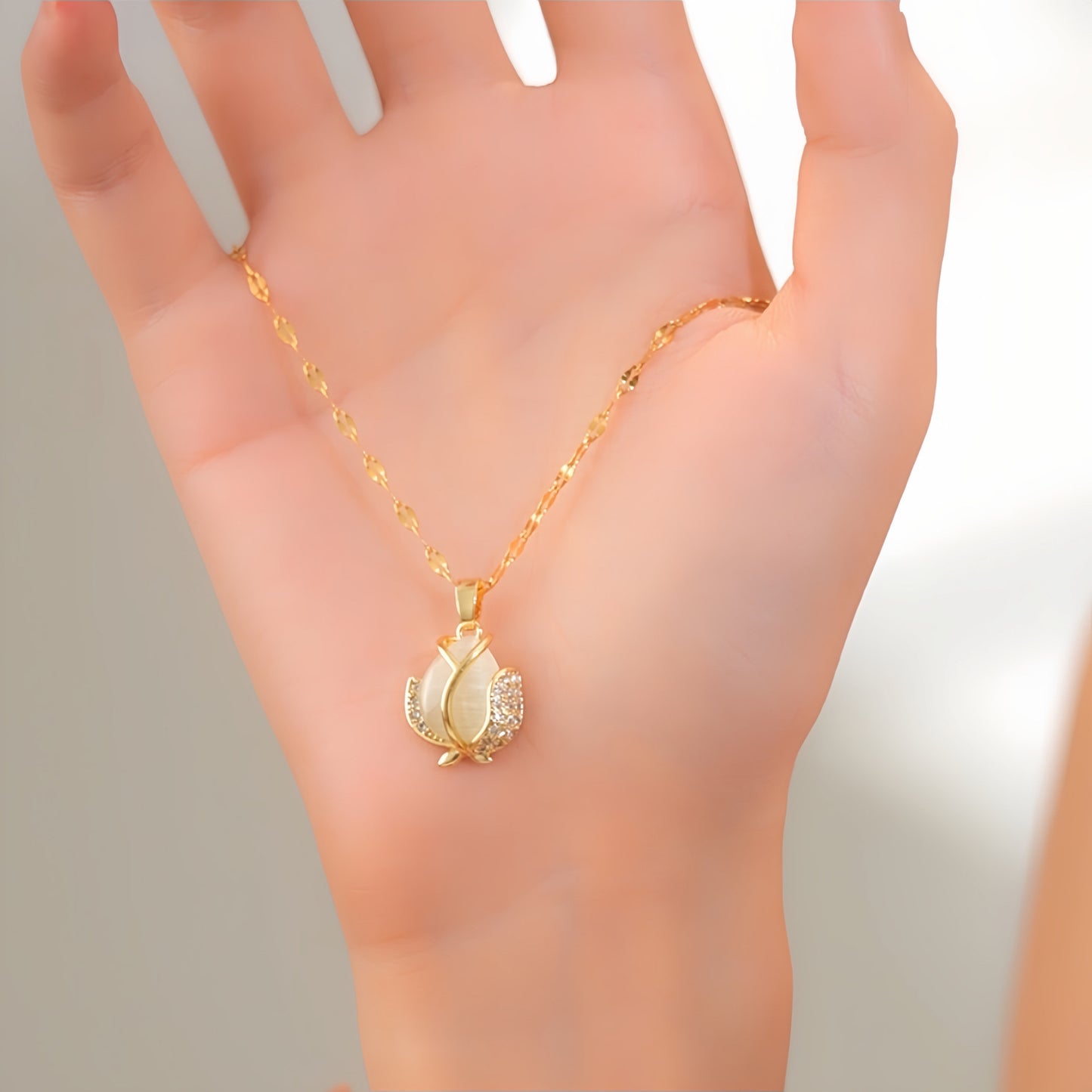 Elegant Cat's Eye Tulip Bud Pendant Necklace for Women Titanium Steel Plated Clavicle Chain with Floral Design