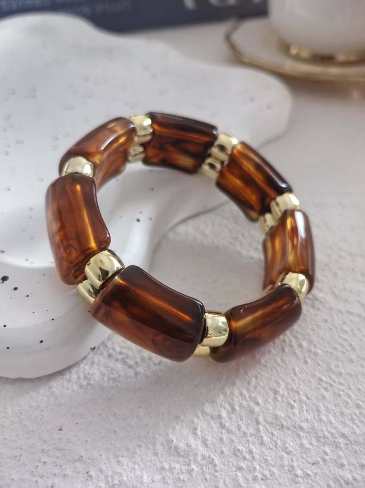 Geometric Gold Plated Alloy Rope Chain Bracelet with Coffee Beads