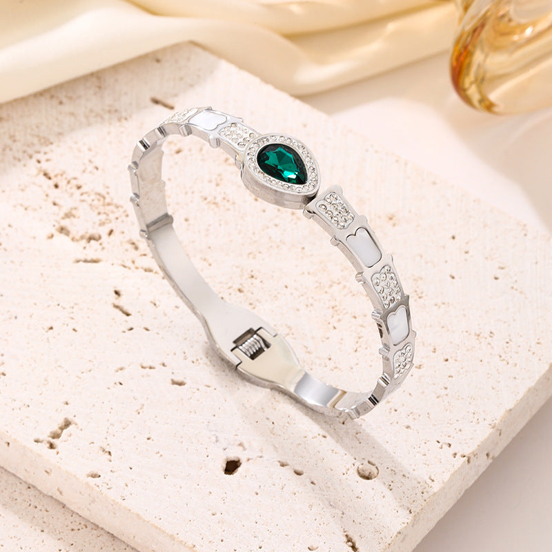 Green Cubic Zirconia Teardrop Geometric Plated Titanium Steel Bracelet with Clasp