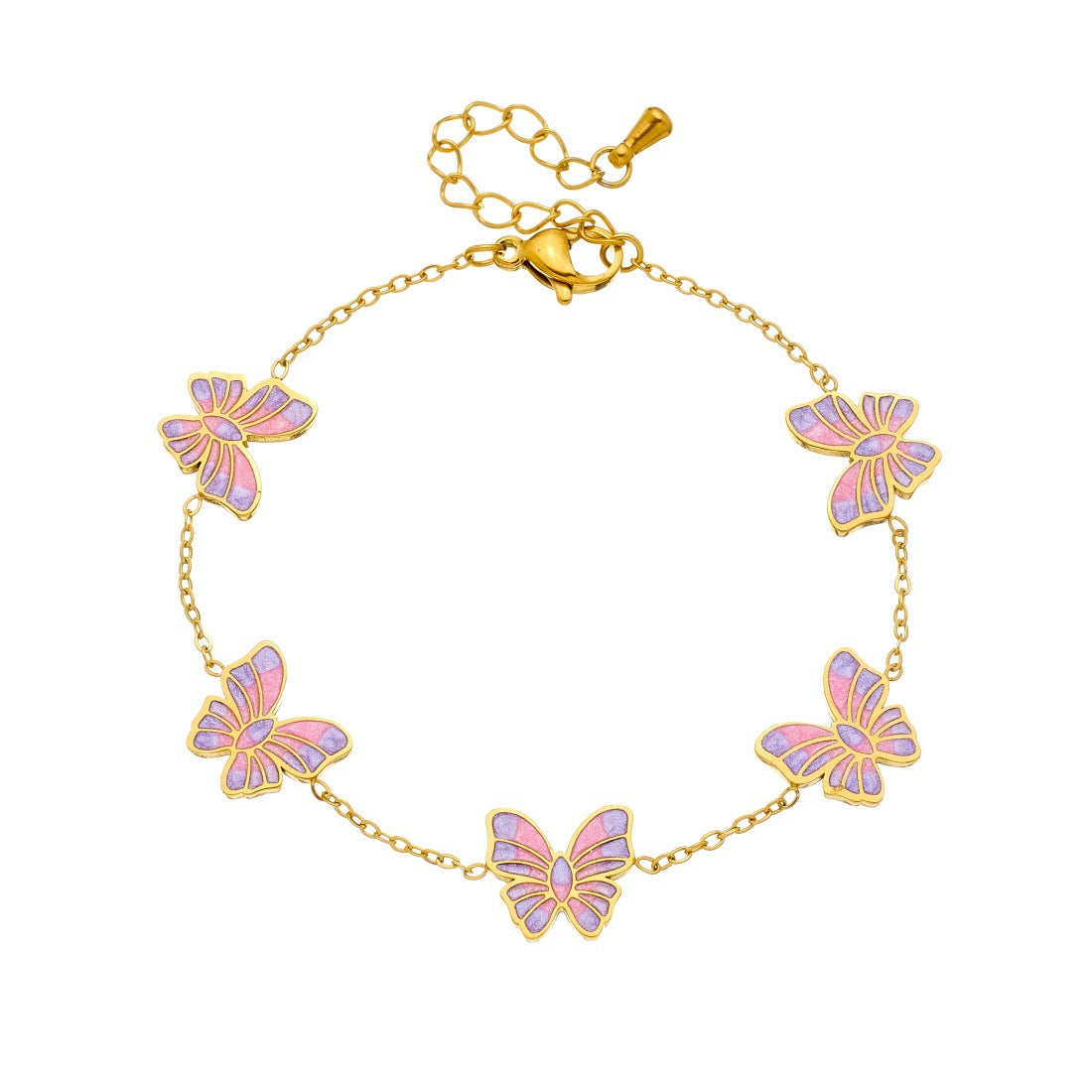 Pink Purple Gradient Drip Oil Gold Plated Butterfly Stainless Steel Bracelet