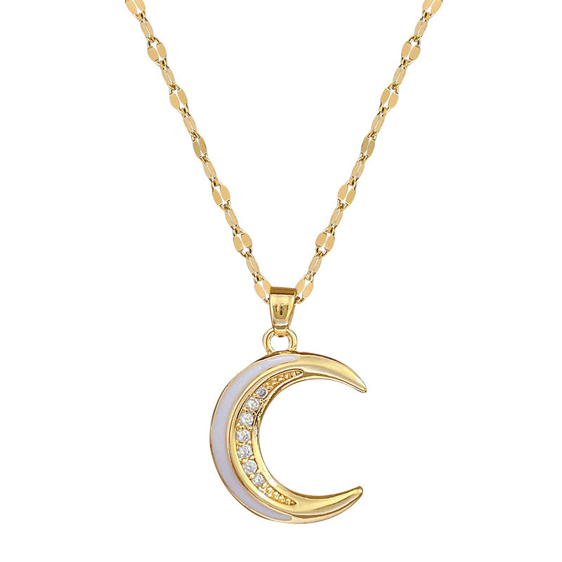 Luxury Titanium Steel Moon Pendant Necklace for Women and Men with Rhinestone Inlay Geometric Design Elegant Clavicle Chain