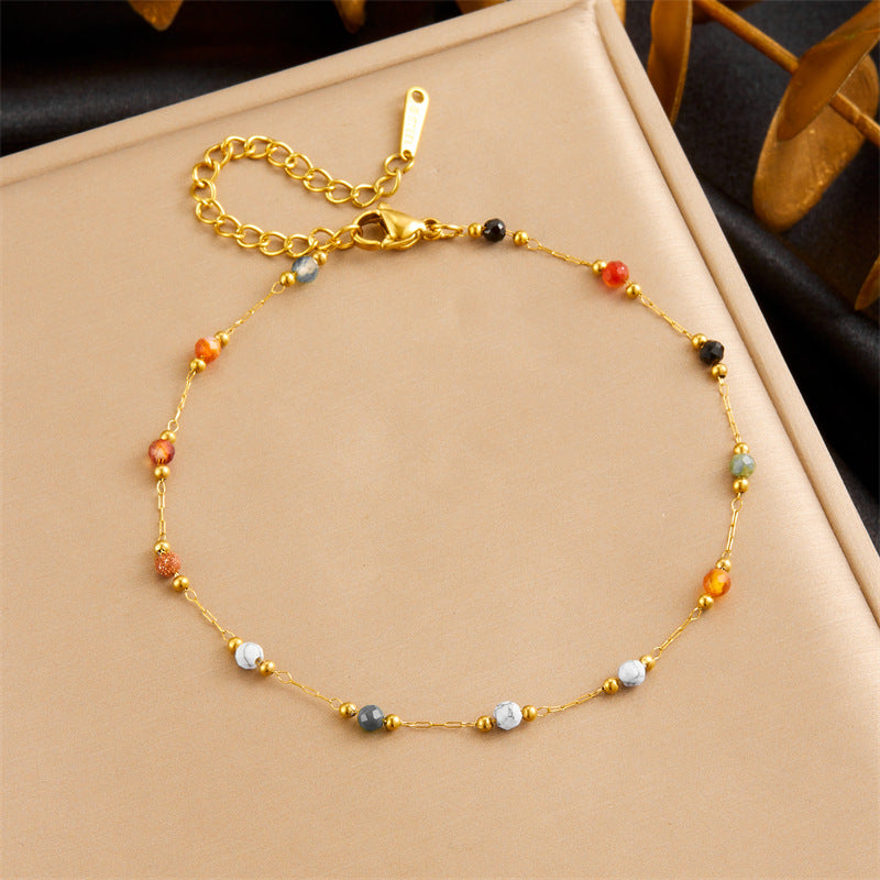 Set bracciale, collana e cavigliera in catena a maglie, con perline di pietra, in acciaio inossidabile placcato, stile Bohemian