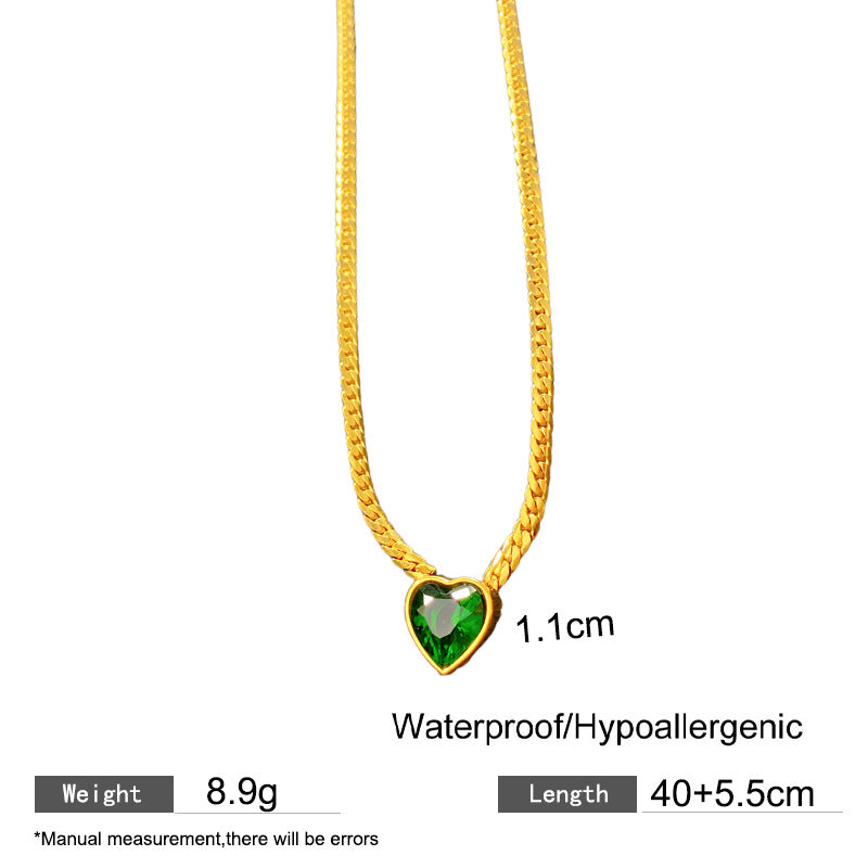 Luxury Heart Geometric Stainless Steel Plated Necklace with Green Gemstone for Women