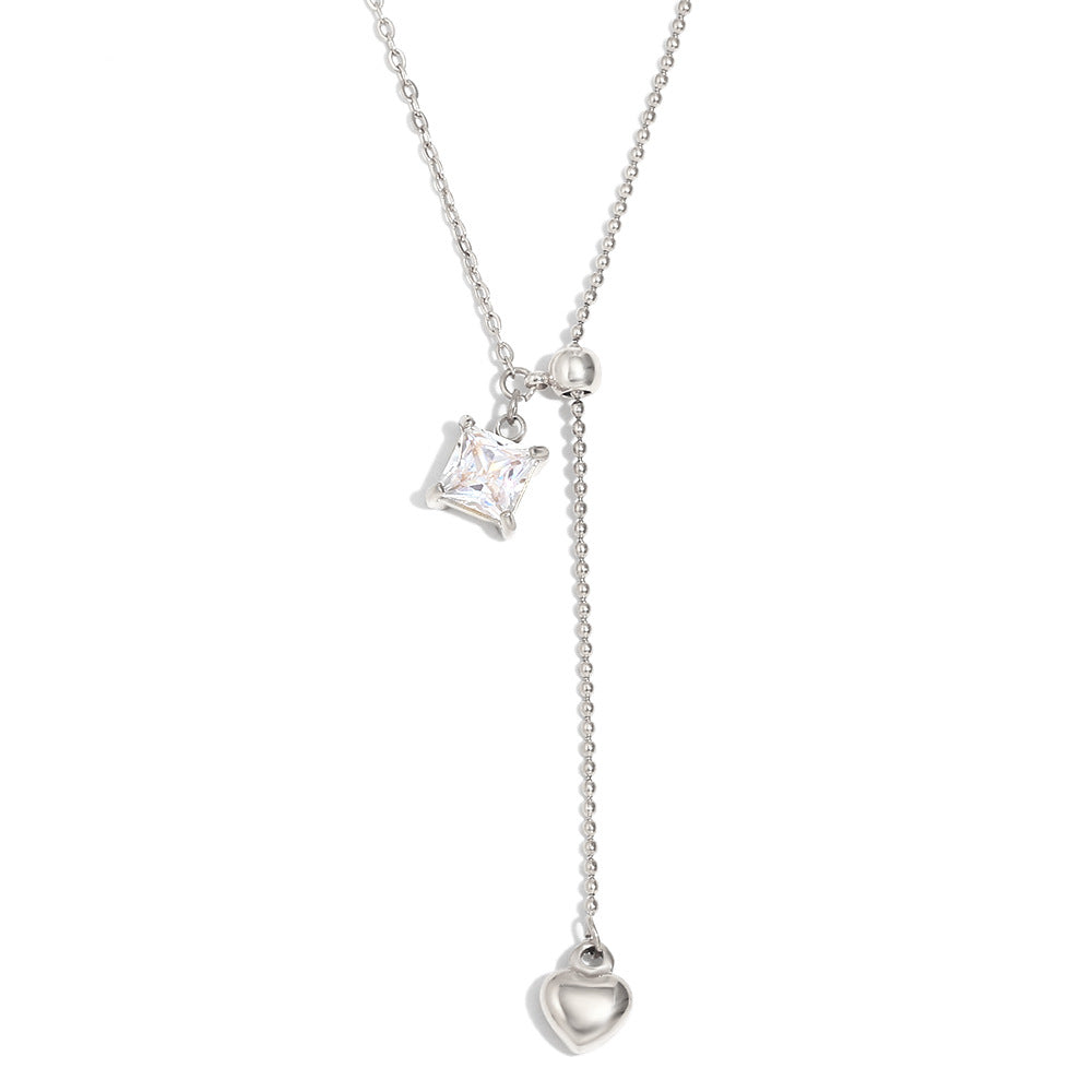 Minimalist Square Pendant Necklace with Stainless Steel Chain, 18K Gold Plated Titanium Steel Heart Charm, Zircon Inlay, and Fringe Detail for Women