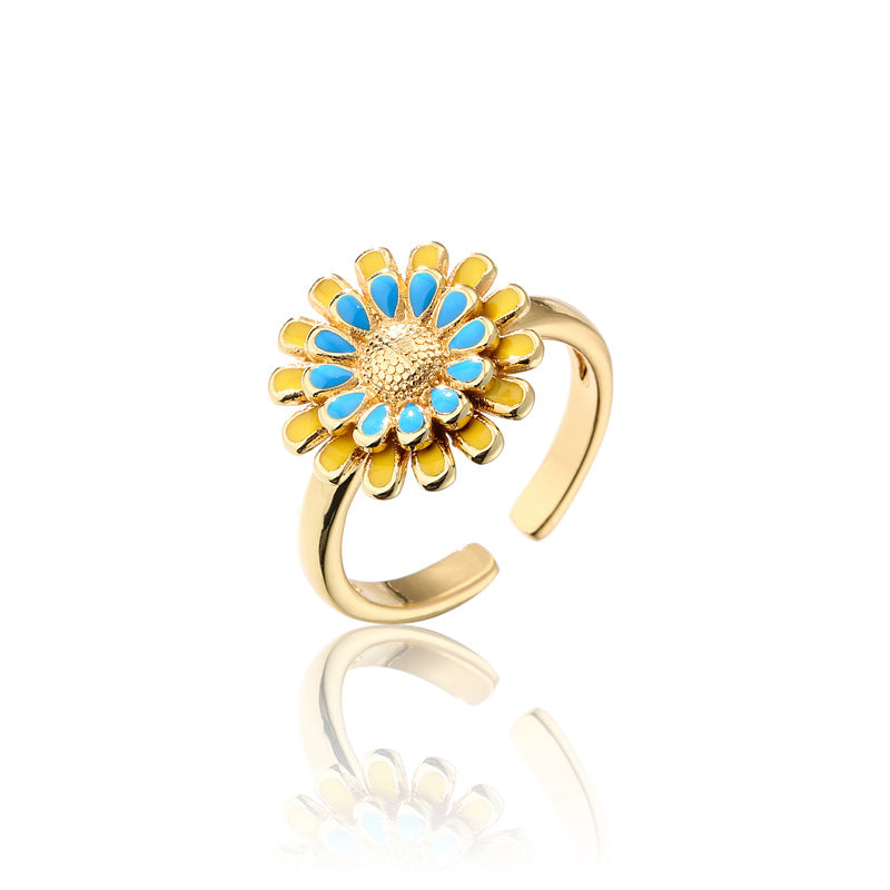Fashion Geometric Floral Drip Oil Gold Plated Brass Sunflower Open Ring for Women