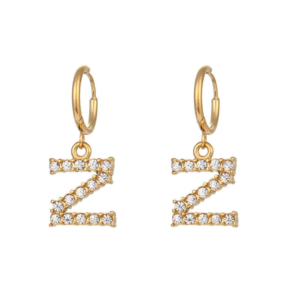 Orecchini a lettera minimalisti alla moda per donna in acciaio inossidabile con placcatura in oro 18 carati e zirconia micro-pavé