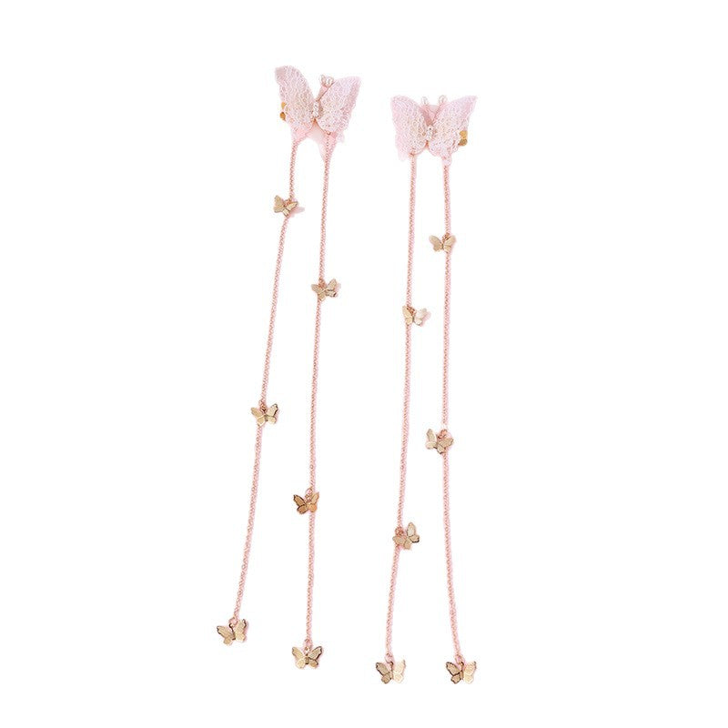 Natural Style Butterfly Bow Hair Clip for Girls with Metal Chain and Long Tassel, Resin Plastic Hair Accessory for Children Ages 3 to 10