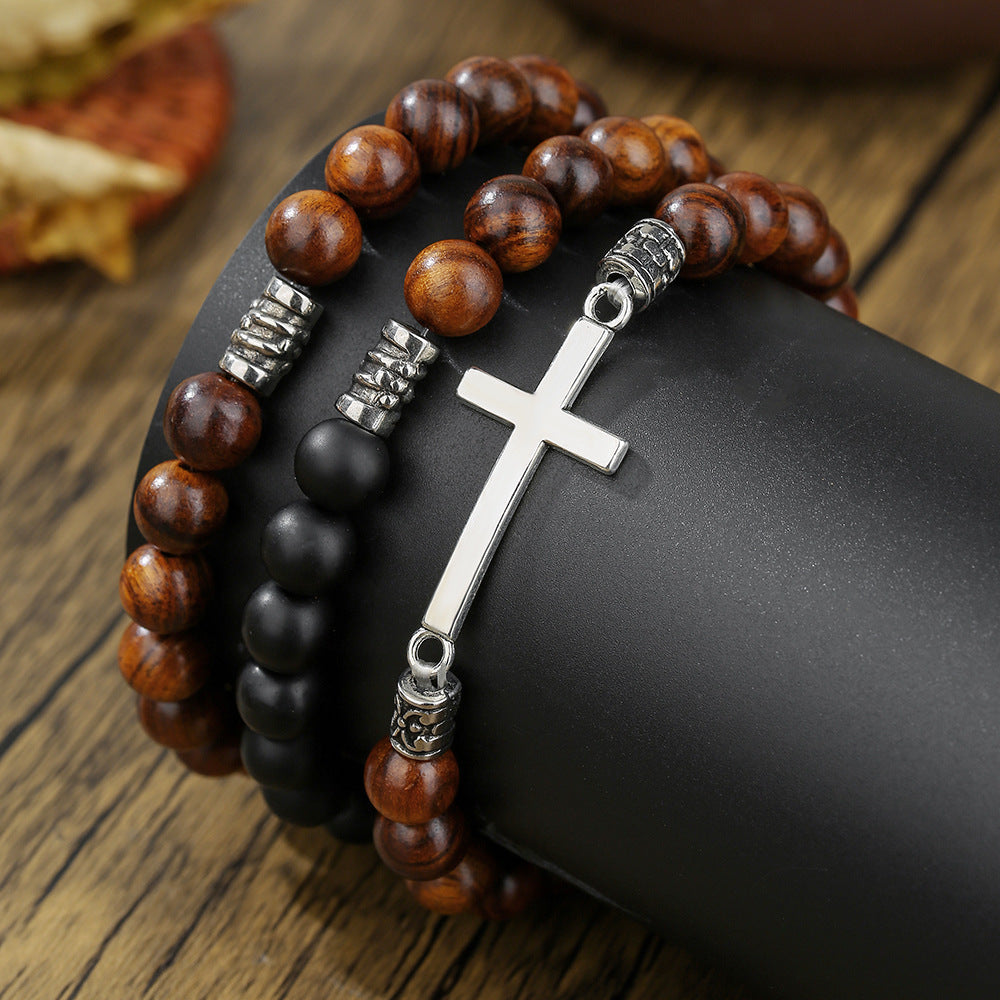 Vintage Bohemian Round Cross Wood Beaded Bracelet Ethnic Unisex Multi-layer Set