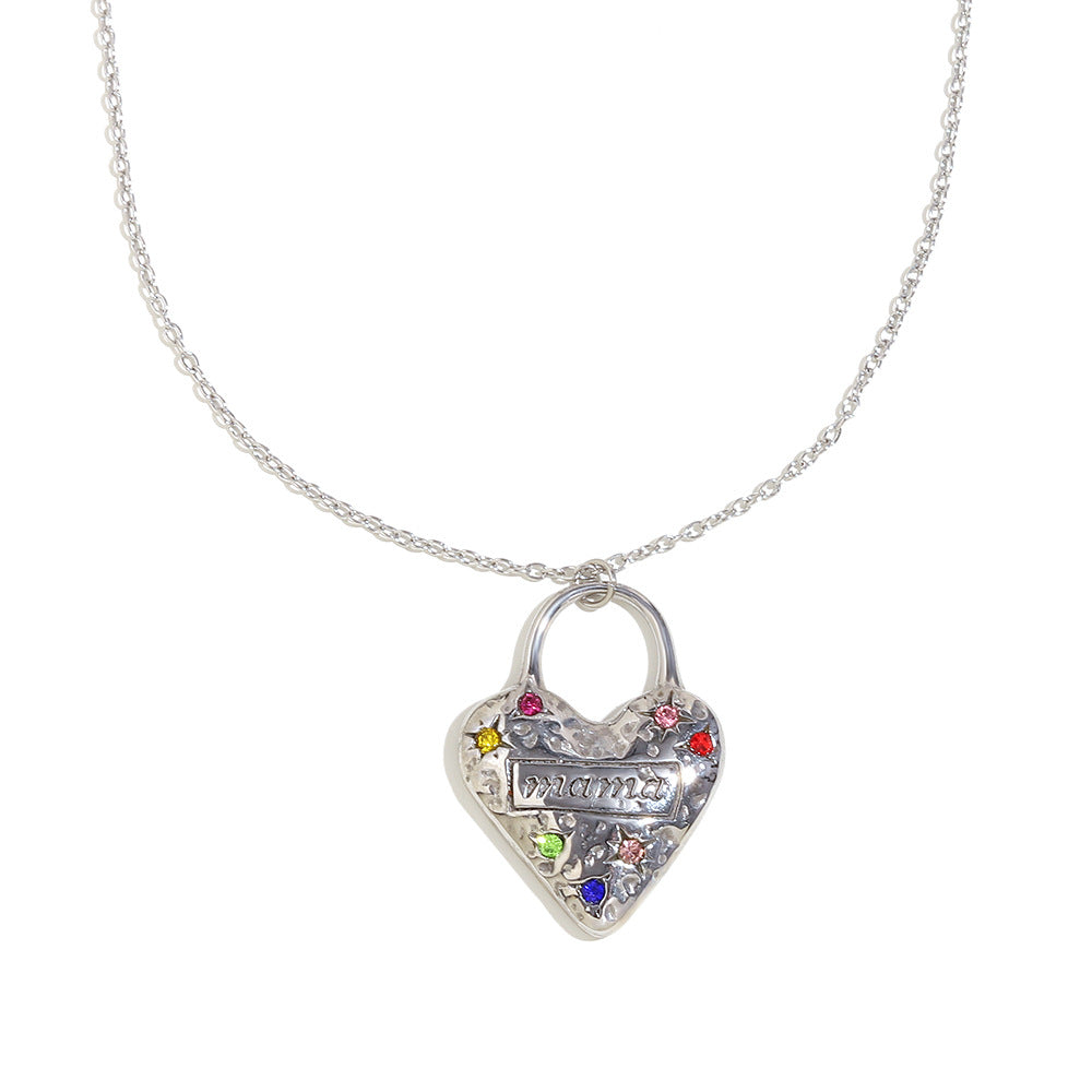 Luxury Vintage Heart-Shaped Stainless Steel Pendant Necklace with 18K Gold Plating and Colored Zircon for Women