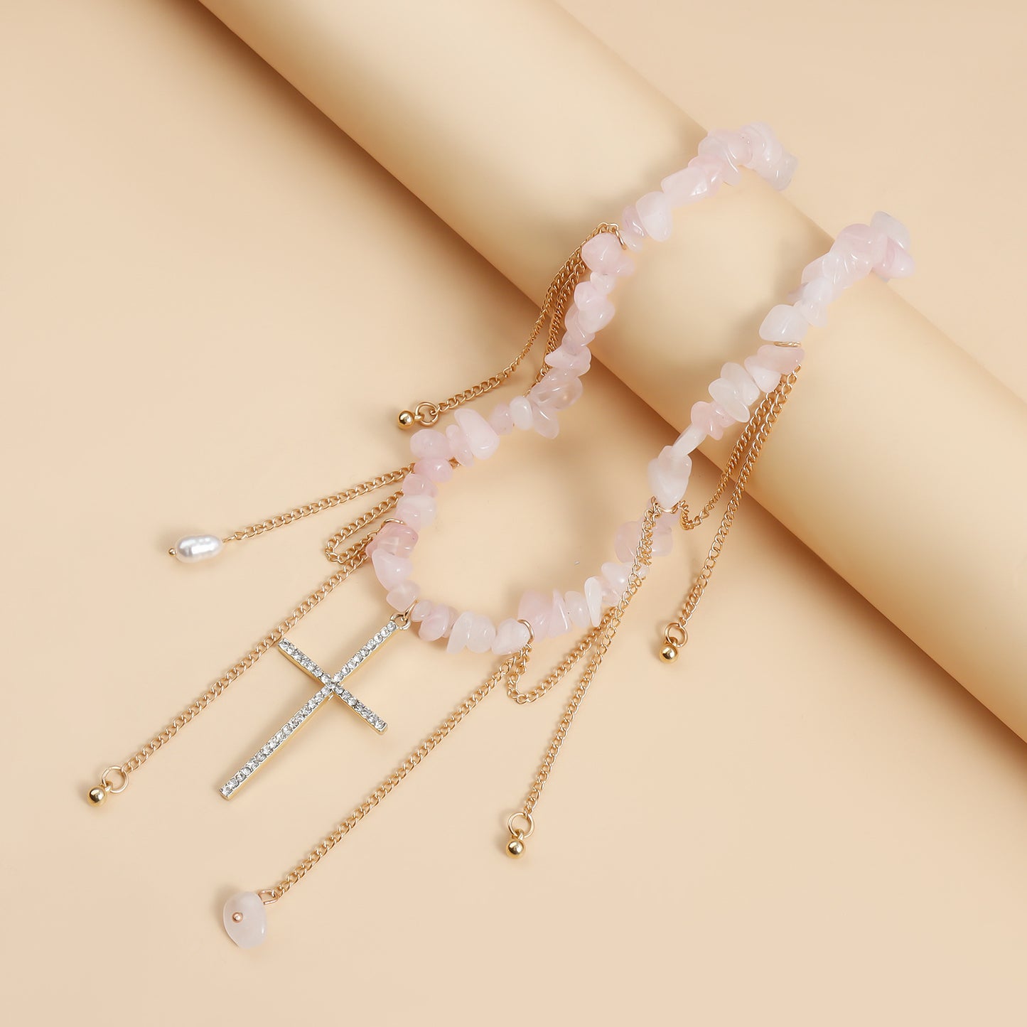 Geometric U-Shaped Cross Pendant Necklace for Women with Rhinestone Inlay and Gold-Plated Alloy Chain
