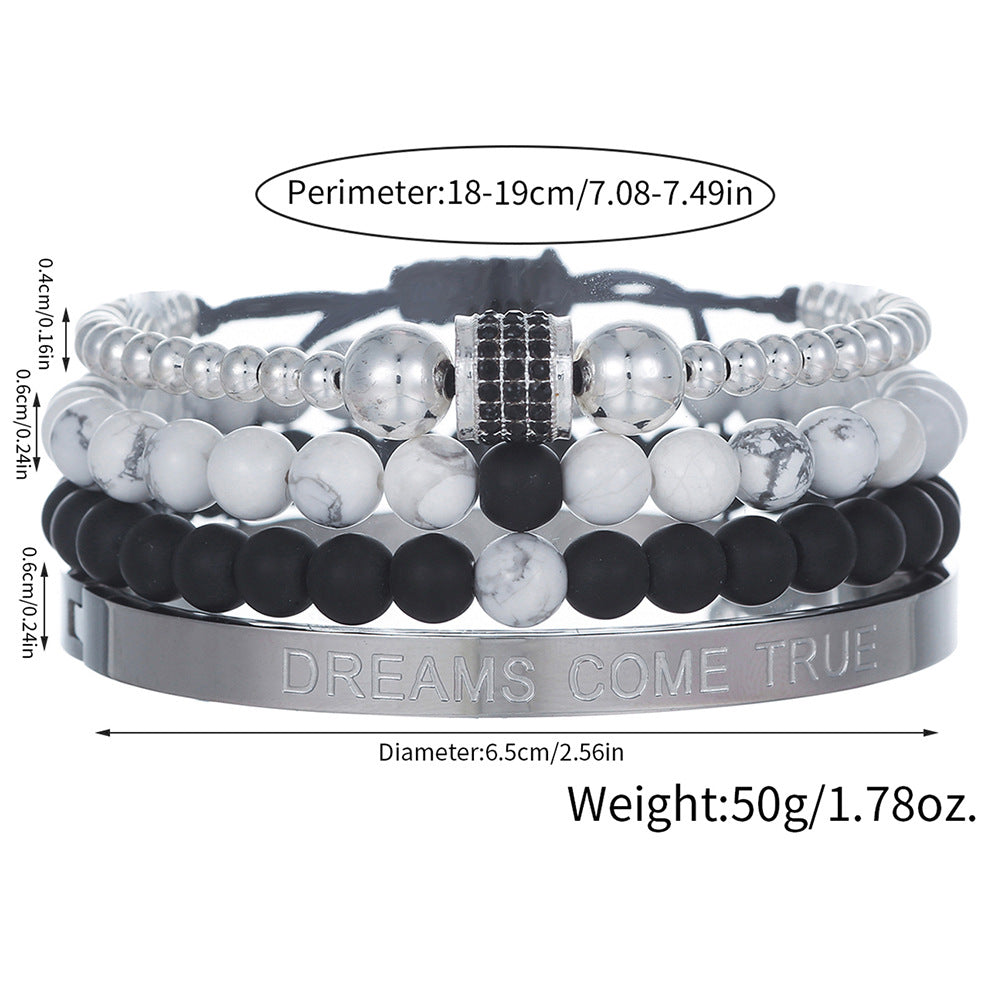 8mm Geometric Round Stainless Steel Bracelet Set with Turquoise and Rhinestone Inlay for Unisex