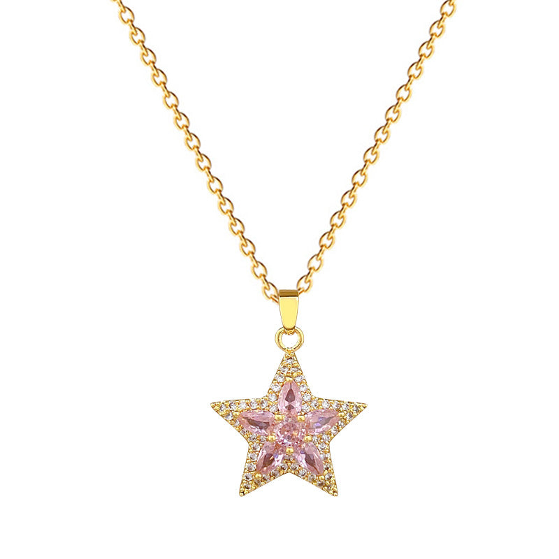 Sweet Minimalist Pink Star Rhinestone Inlay Titanium Steel Necklace for Unisex