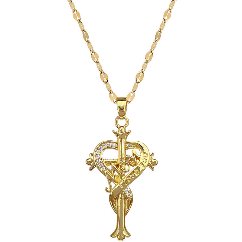 Minimalist Heart Cross Pendant Necklace in Stainless Steel with Rhinestone Inlay for Women and Men
