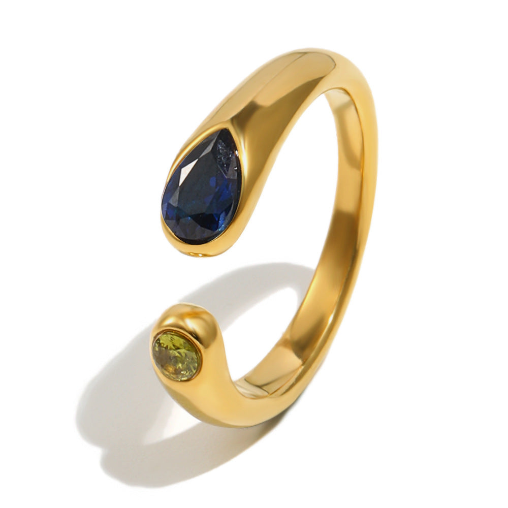 Anillo abierto minimalista de acero inoxidable chapado en oro de 18 quilates con diseño de cabeza de serpiente de circonita para mujer