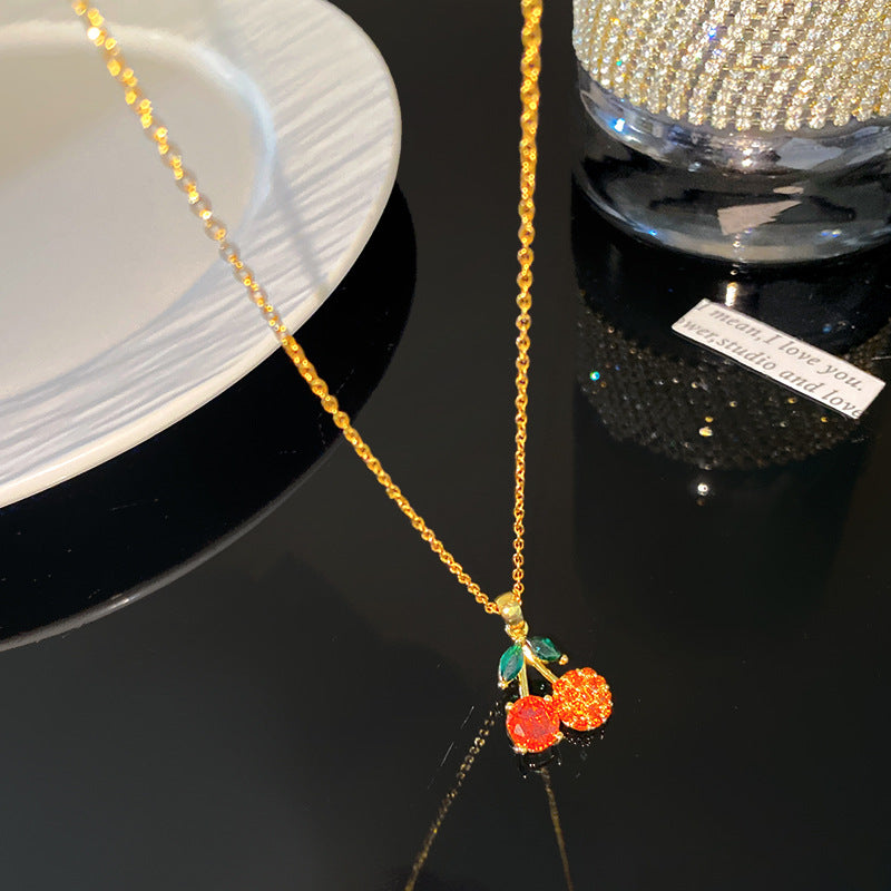 Sweet Rhinestone Cherry Fruit Pendant Titanium Steel Necklace with Cable Chain