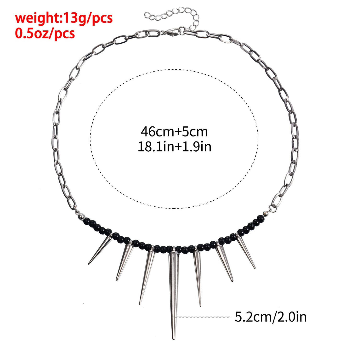 Punk-Style Geometric Pendant Necklace with Black Beaded and Rivet Accents, Electroplated Alloy, Clavicle Chain