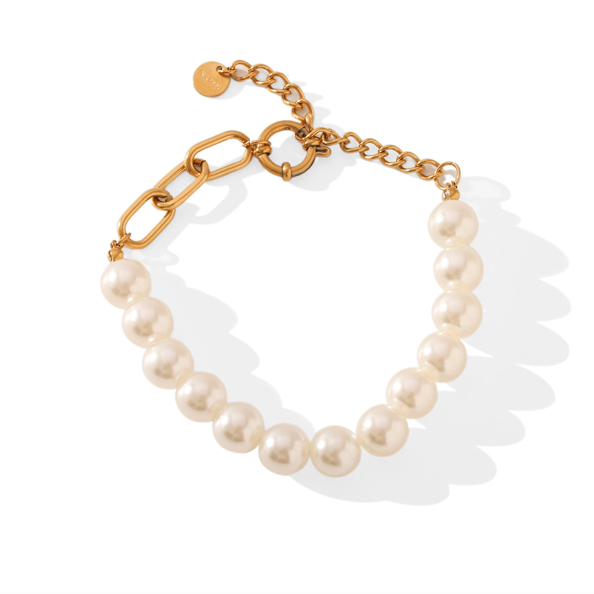 Elegante Bracciale da Donna a Perle con Maglie a Croce Geometrica in Acciaio Inossidabile Placcato Oro 18K