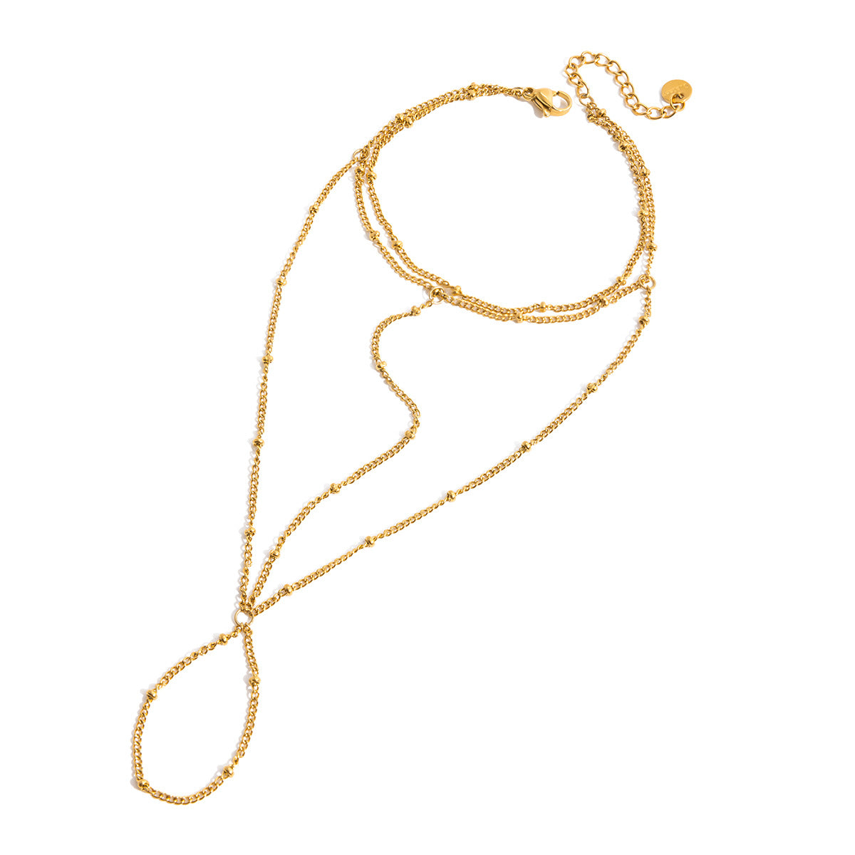 Pulsera de dedo de doble capa con borla geométrica de acero inoxidable y abalorios con acabado chapado para mujer