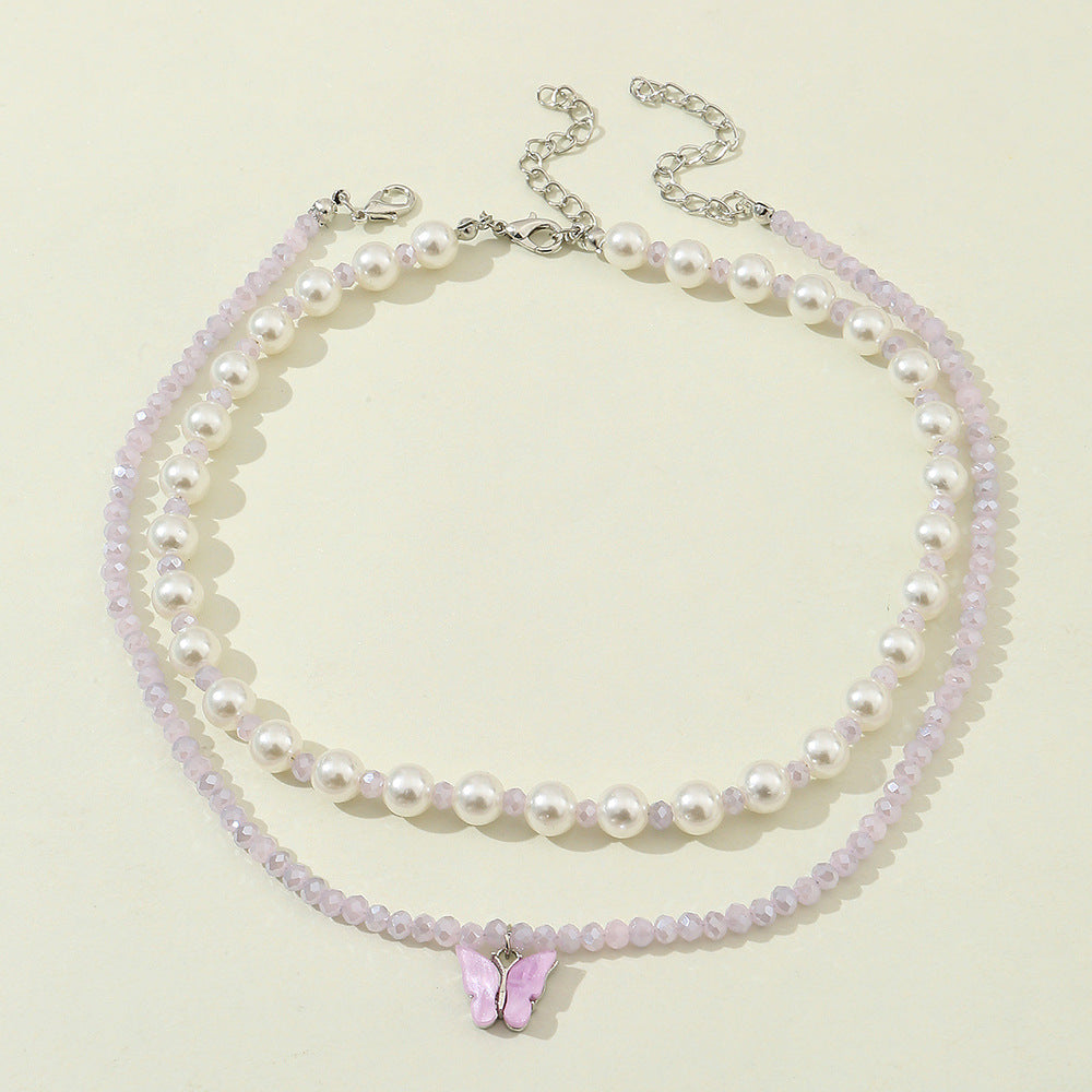 Conjunto de collar con colgante de mariposa minimalista para niñas con cuentas de cristal en cadena de bolas, joyería infantil estilo princesa dulce y linda