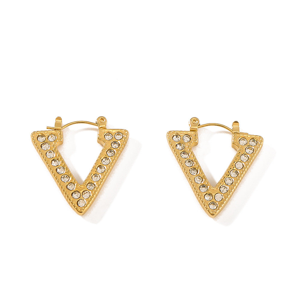 Minimalist Geometric Triangle Stainless Steel Stud Earrings with Zircon Inlay and 18K Gold Plating