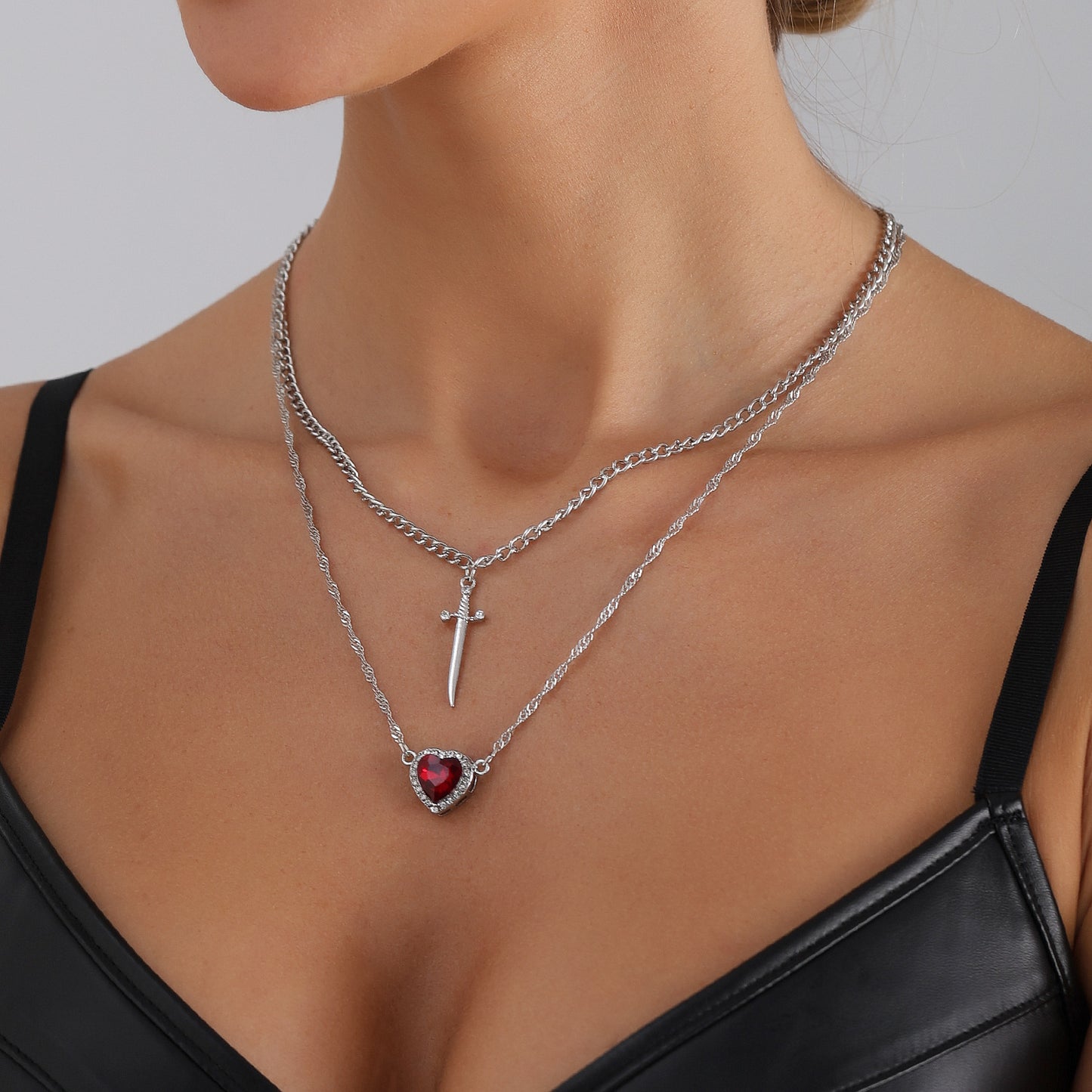 Dark Gothic Heart Geometric Alloy Plated Pendant Necklace for Women