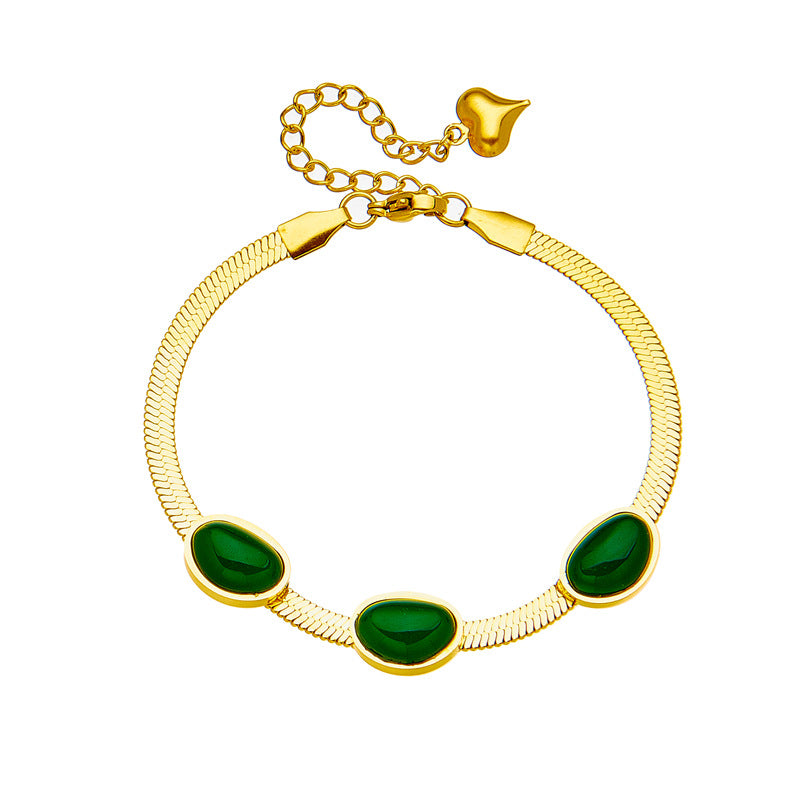 Vintage Minimalist Emerald Green Titanium Steel Plated Blade Link Bracelet for Women