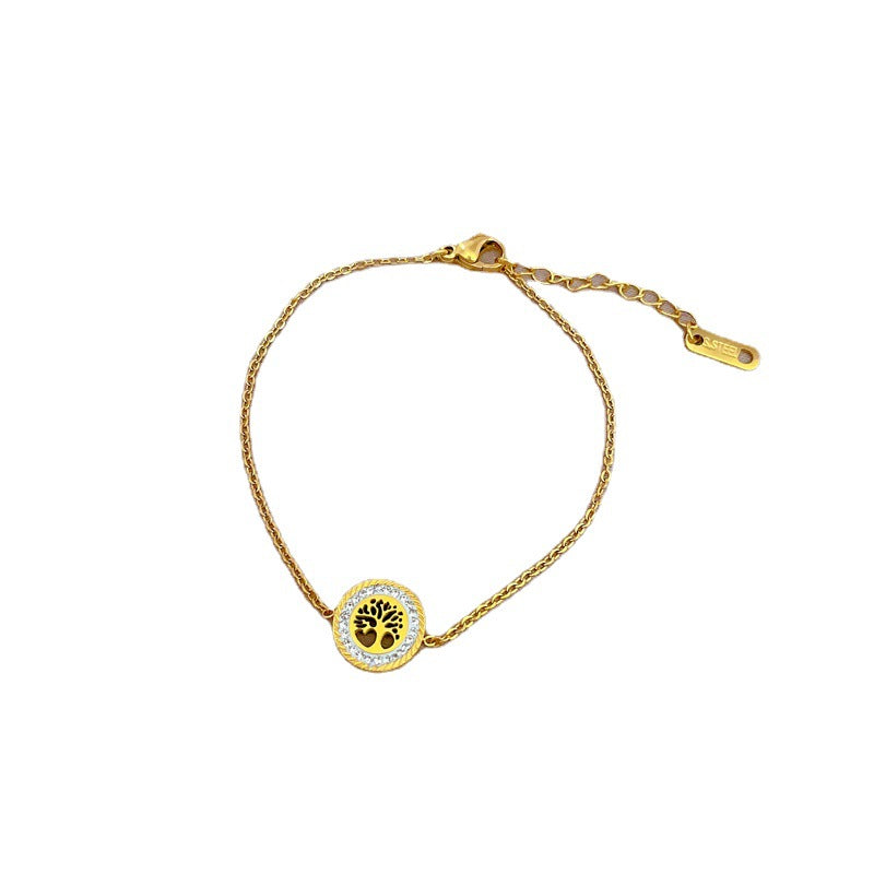 Bracciale da donna in stile vintage con disco rotondo "Albero della Vita" in acciaio al titanio con intarsio in strass e placcatura in oro