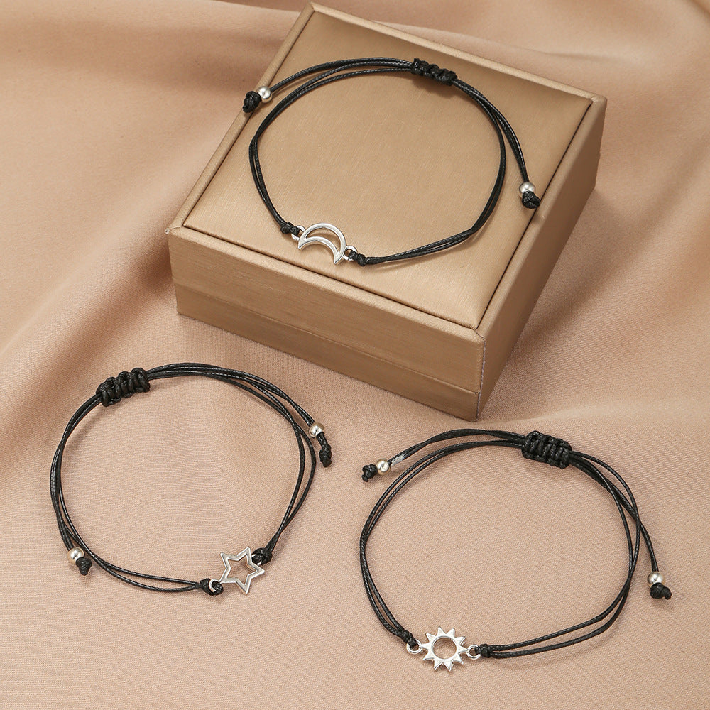 Personalized Geometric Star Moon Stainless Steel Woven Cord Bracelet Set
