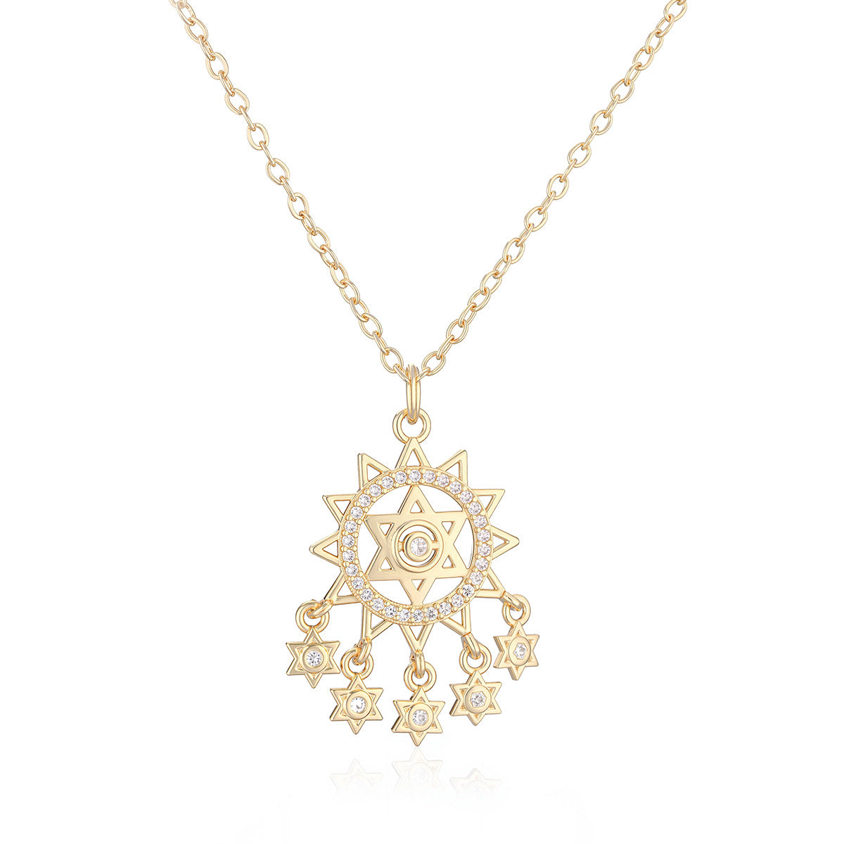Minimalist 18K Gold Plated Brass Geometric Dreamcatcher Pendant Necklace with Cubic Zirconia for Women