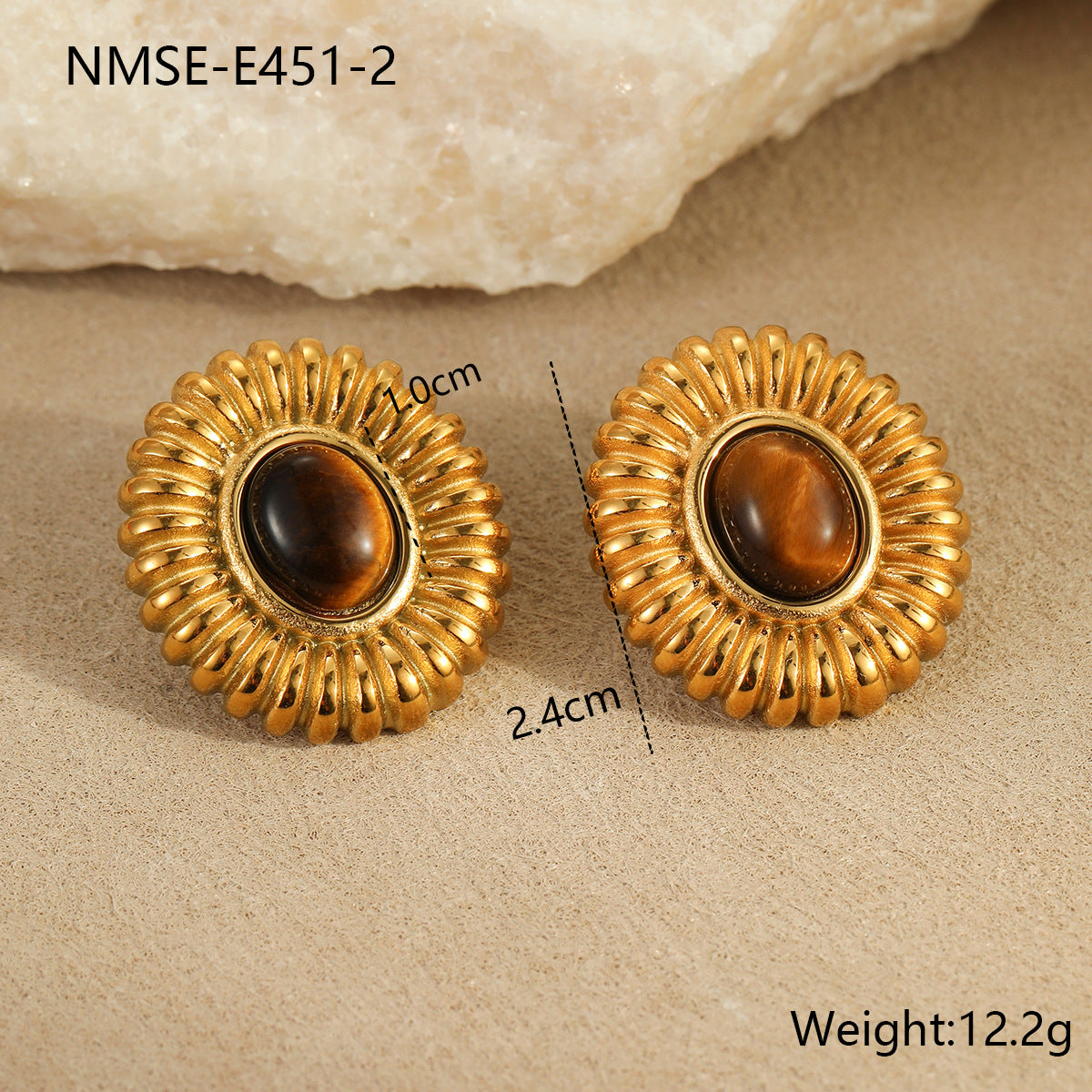 Pendientes de botón de ágata ojo de tigre con diseño geométrico de estilo vintage en acero inoxidable con baño de oro para mujer