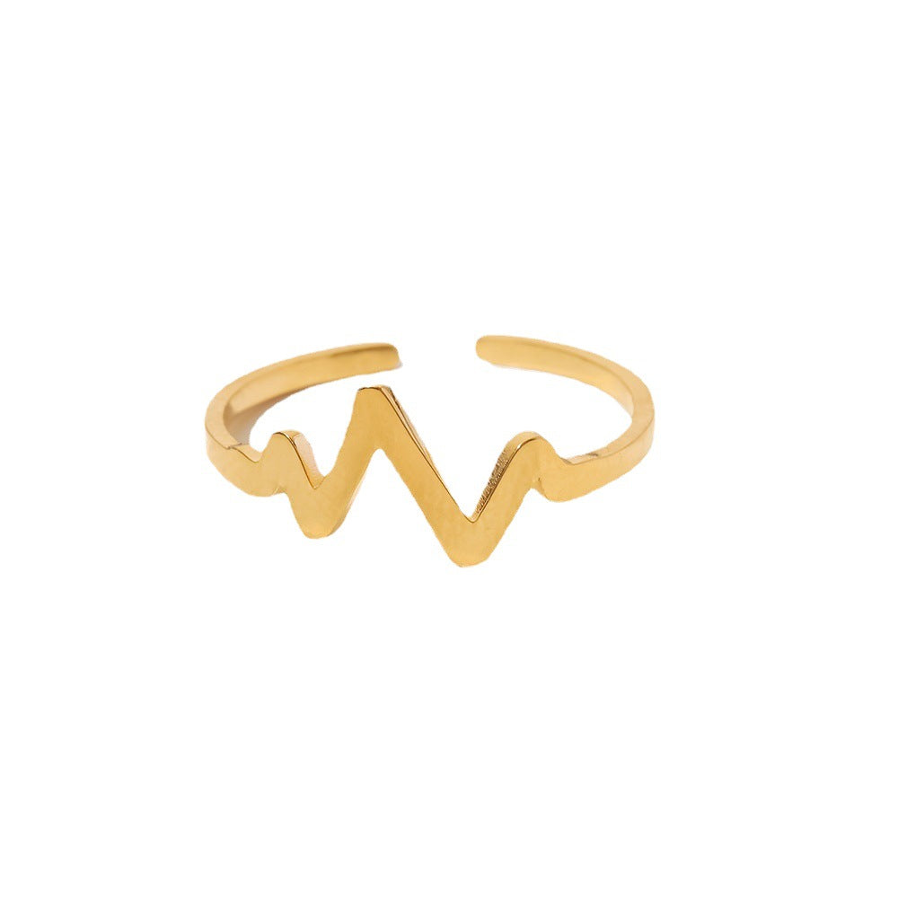 Anello da donna in acciaio al titanio placcato oro 18K, geometrico, minimalista, ispirato alla Francia, con design a battito cardiaco
