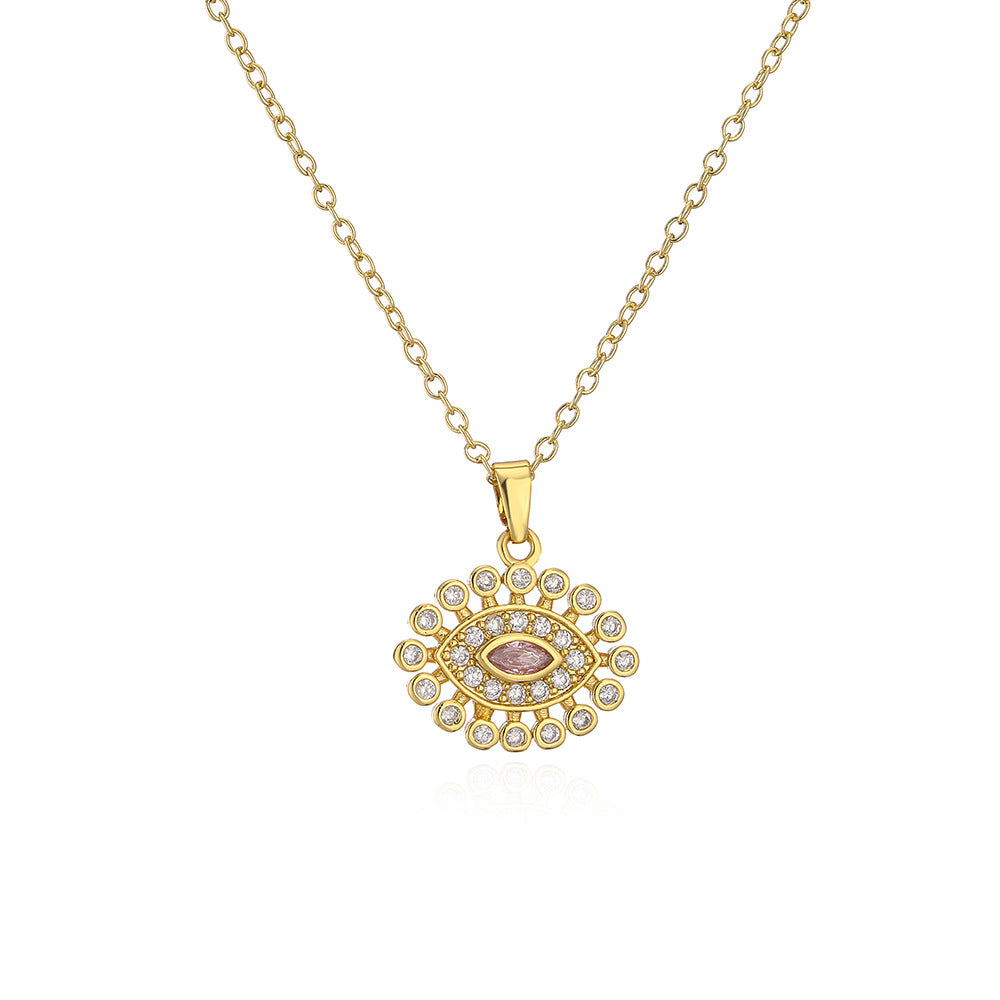 Minimalist Geometric Evil Eye Pendant Necklace for Women in Brass with Gold Plating and Multicolor Zircon Inlay