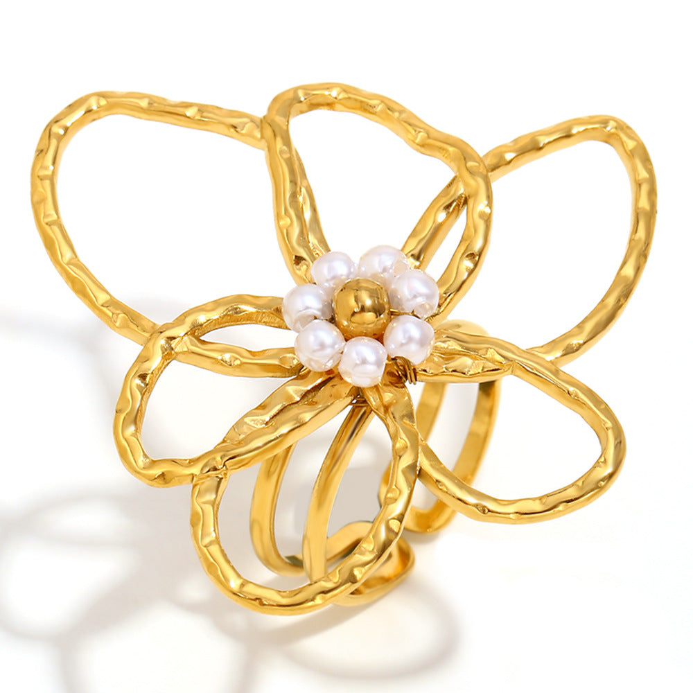 Fashionable Floral Ring for Women in Stainless Steel with 18K Gold Plating and Colorful Beads