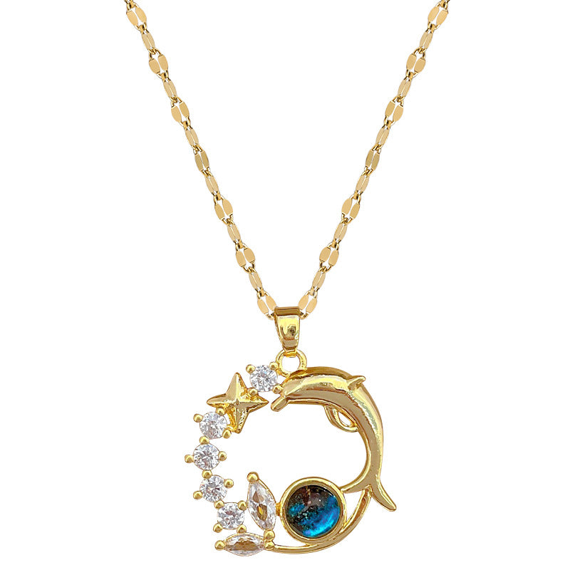 Elegant Fresh Sweet Titanium Steel Geometric Rhinestone Pendant Necklace for Unisex