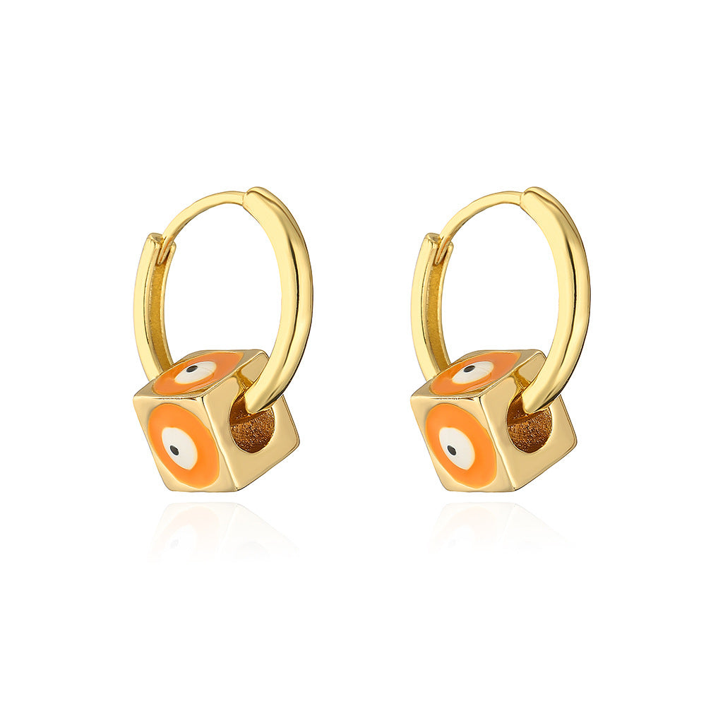 Geometric Square Drop Earrings for Women in Copper with 18K Gold Plating and Enamel Eye Detail
