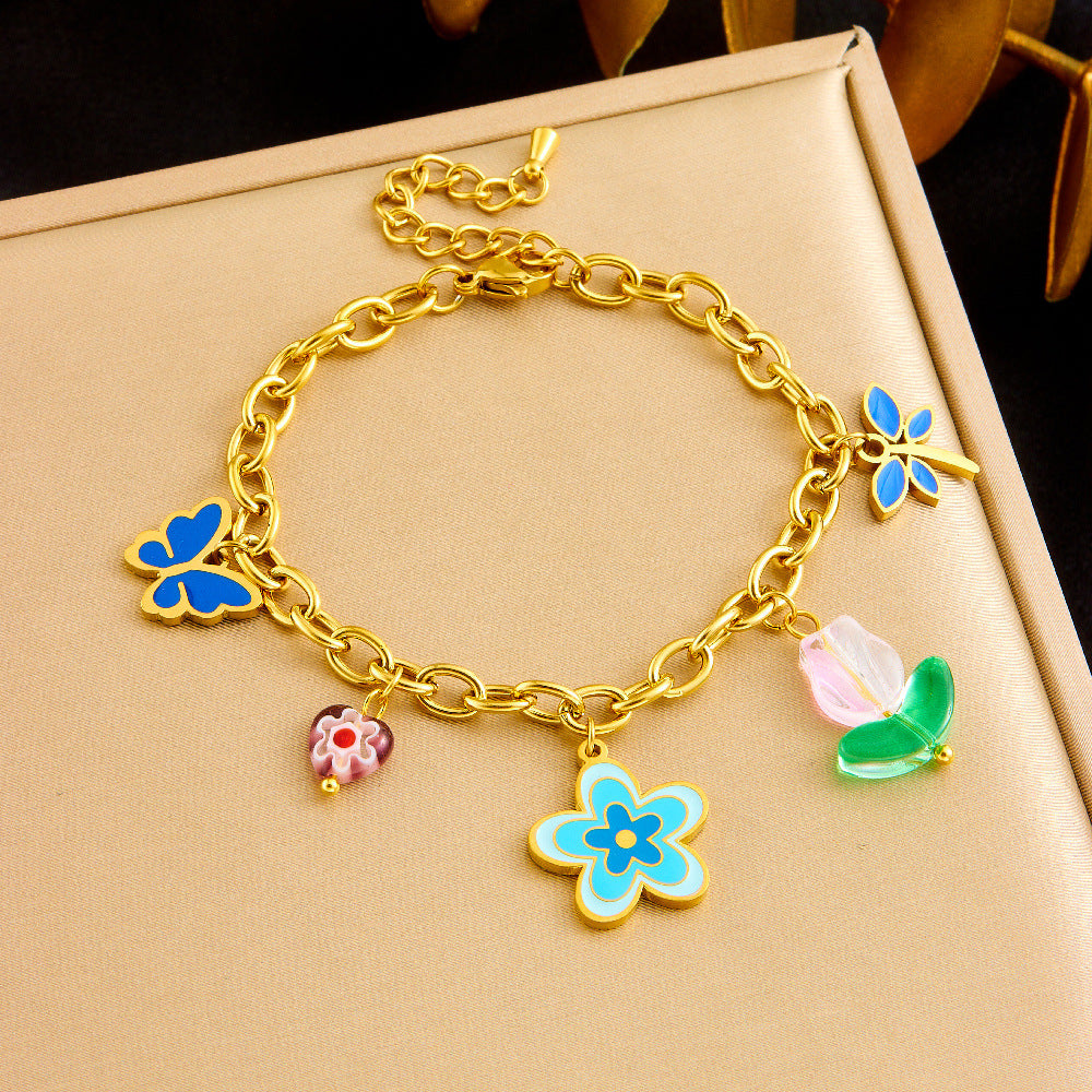 Sweet Colorful Drip Oil Flower Butterfly Pendant Gold Plated Stainless Steel Jewelry Set with Cable Chain