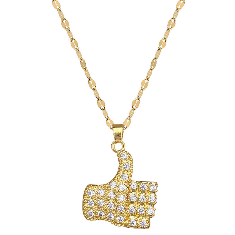 Collana Pendente Geometrico Minimalista Pollice in Su per Uomo e Donna in Acciaio al Titanio con Dettagli in Strass su Catena in Acciaio Inossidabile
