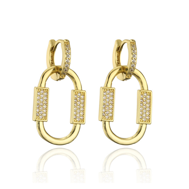 18K Gold Plated Geometric Brass Earrings with Cubic Zirconia for Women