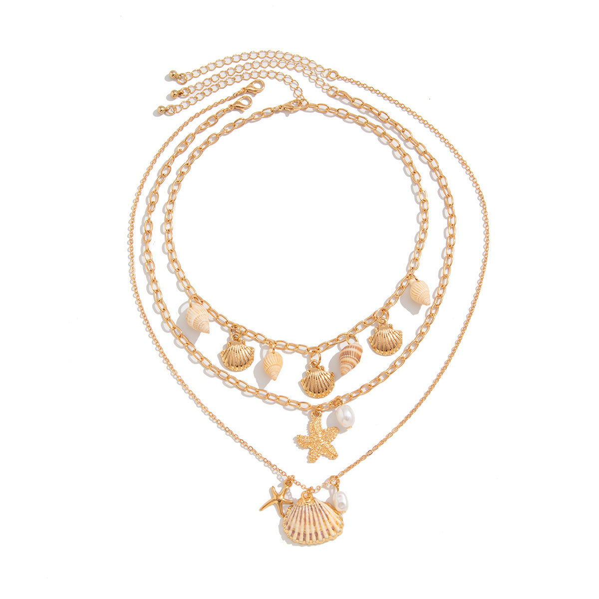 Bohemian Vintage Multi-Layer Plated Alloy Geometric Shell Starfish Pendant Necklace for Women