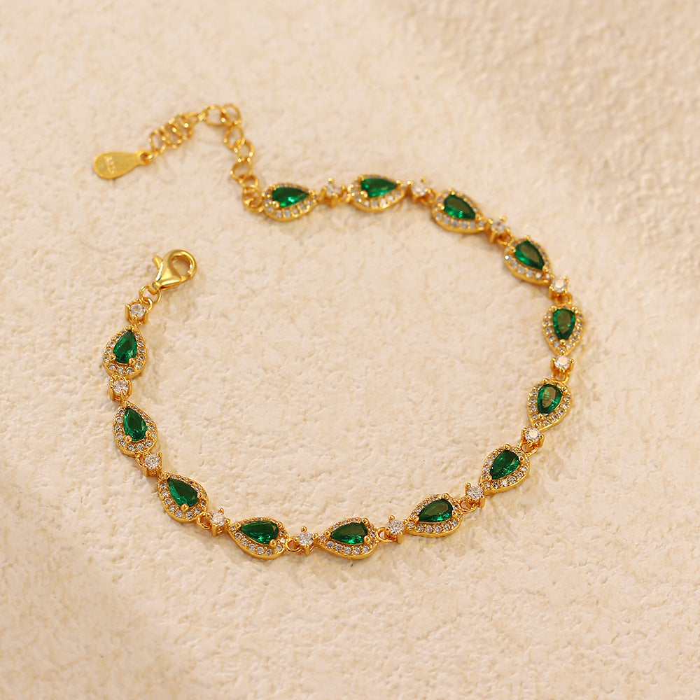 Vintage Geometric Emerald Green Rhinestone-Set S925 Sterling Silver Bracelet for Women with Luxe Elevated Aesthetic