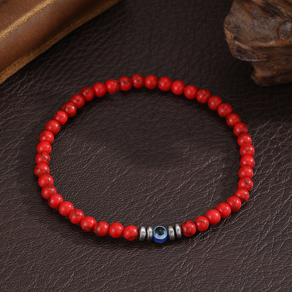 Men's Evil Eye Beaded Bracelet with Green Peacock, Yellow Tiger Eye and White Turquoise Stones