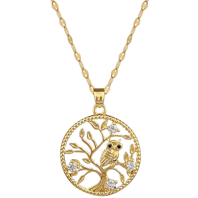 Collar con colgante de rama de búho de acero de titanio de lujo para mujer con incrustaciones de diamantes de imitación, diseño geométrico, delicada cadena de clavícula