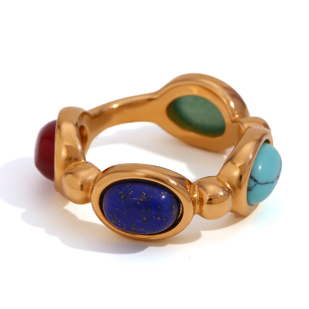 Minimalist Geometric Stainless Steel Ring with 18K Gold Plating and Micro-Paved Natural Colored Stones for Women