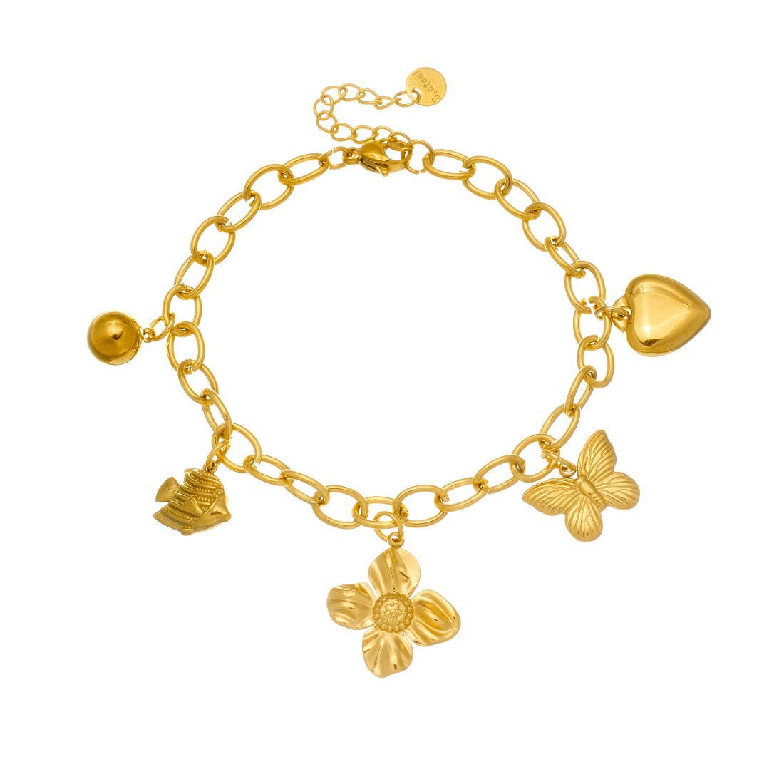 Gold Plated Stainless Steel Cable Chain Bracelet with Butterfly and Floral Charms