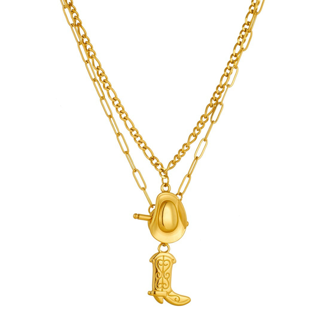 Vintage Western Cowboy Gold Plated Stainless Steel Double Layer Hat and Boot Pendant Necklace with OT Clasp for Women