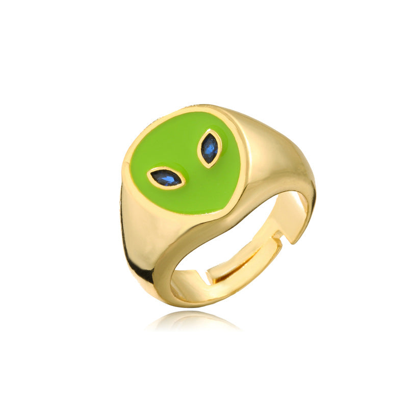 Geometric Drip Oil Gold Plated Brass Alien Ring for Women