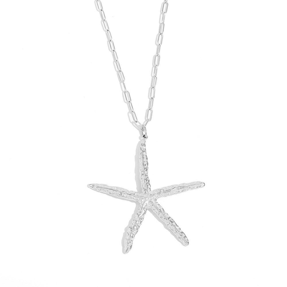 Fashionable Starfish-Shaped Stainless Steel Necklace and Earrings Set with 18K Gold Plating and Hammered Texture for Women