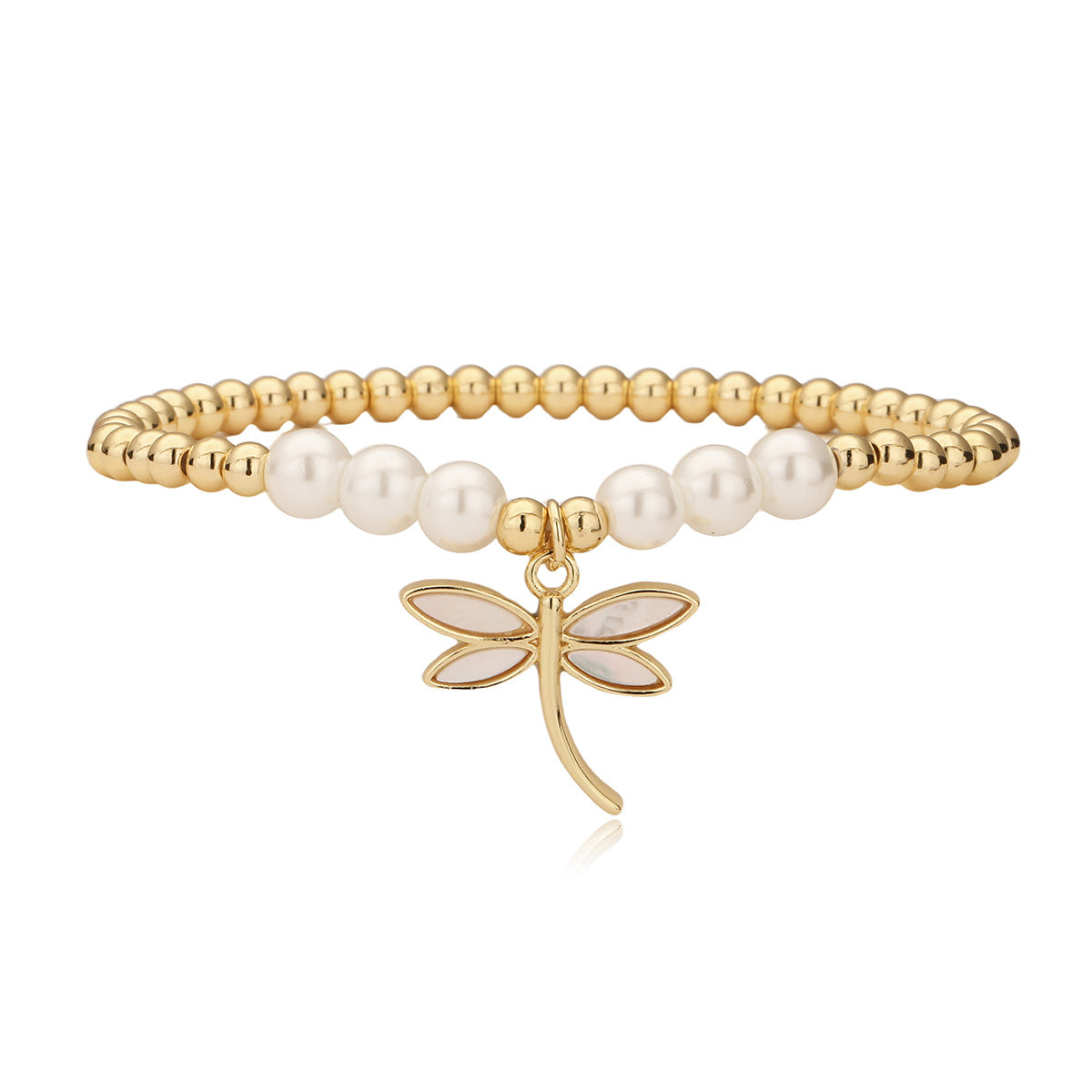 Fashion Minimalist Geometric Copper Bracelet with 18K Gold Plated White Shell Pendant and Pearl Beads for Women